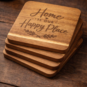 Custom engraved acacia wood coasters set of 4 - personalized laser engraved drink coasters by ColdCraft Embers
