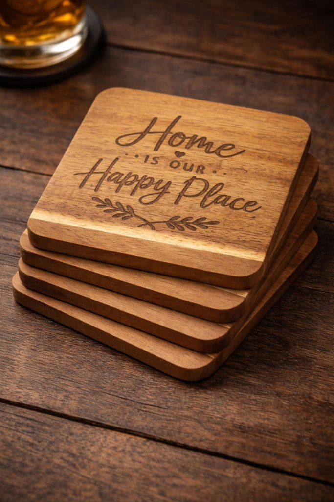 Custom engraved acacia wood coasters set of 4 - personalized laser engraved drink coasters by ColdCraft Embers