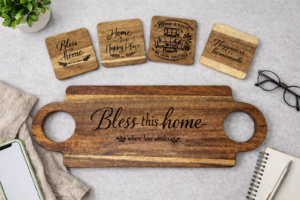 Engraved acacia wood charcuterie board with handles and matching engraved home quote coasters by ColdCraft Embers