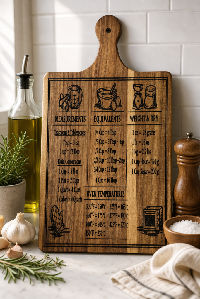Engraved acacia cutting board with kitchen measurement conversions and oven temperature guide